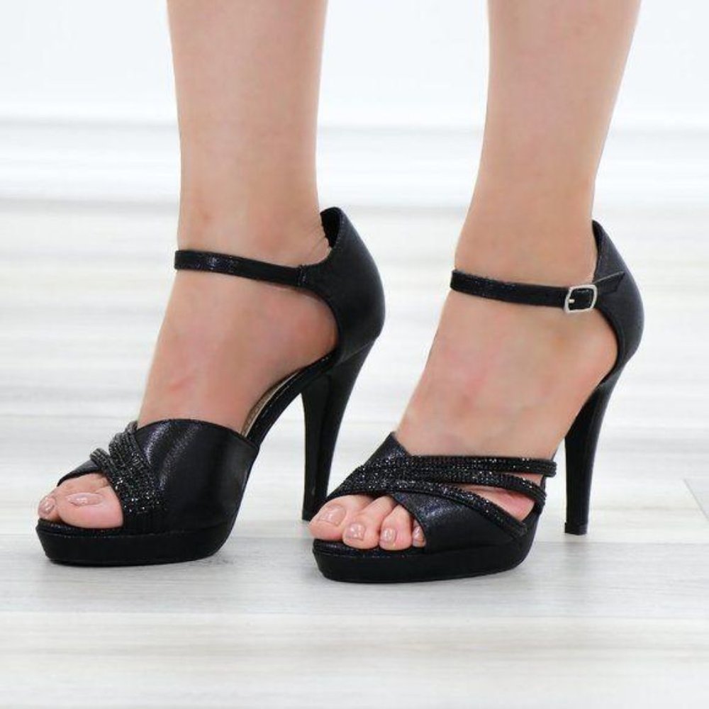 Shimmery Black Satin Platform Heeled Stiletto Sandal - Picture 2 of 11